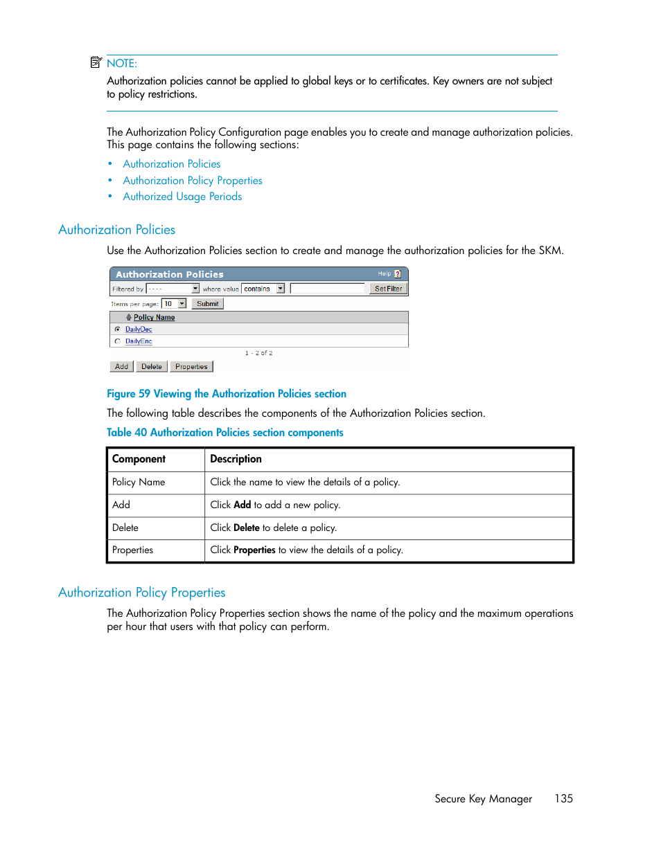 Authorization policies, Authorization policy properties, 135 authorization policy properties | Viewing the authorization policies section, Authorization policies section components | HP Secure Key Manager User Manual | Page 135 / 352