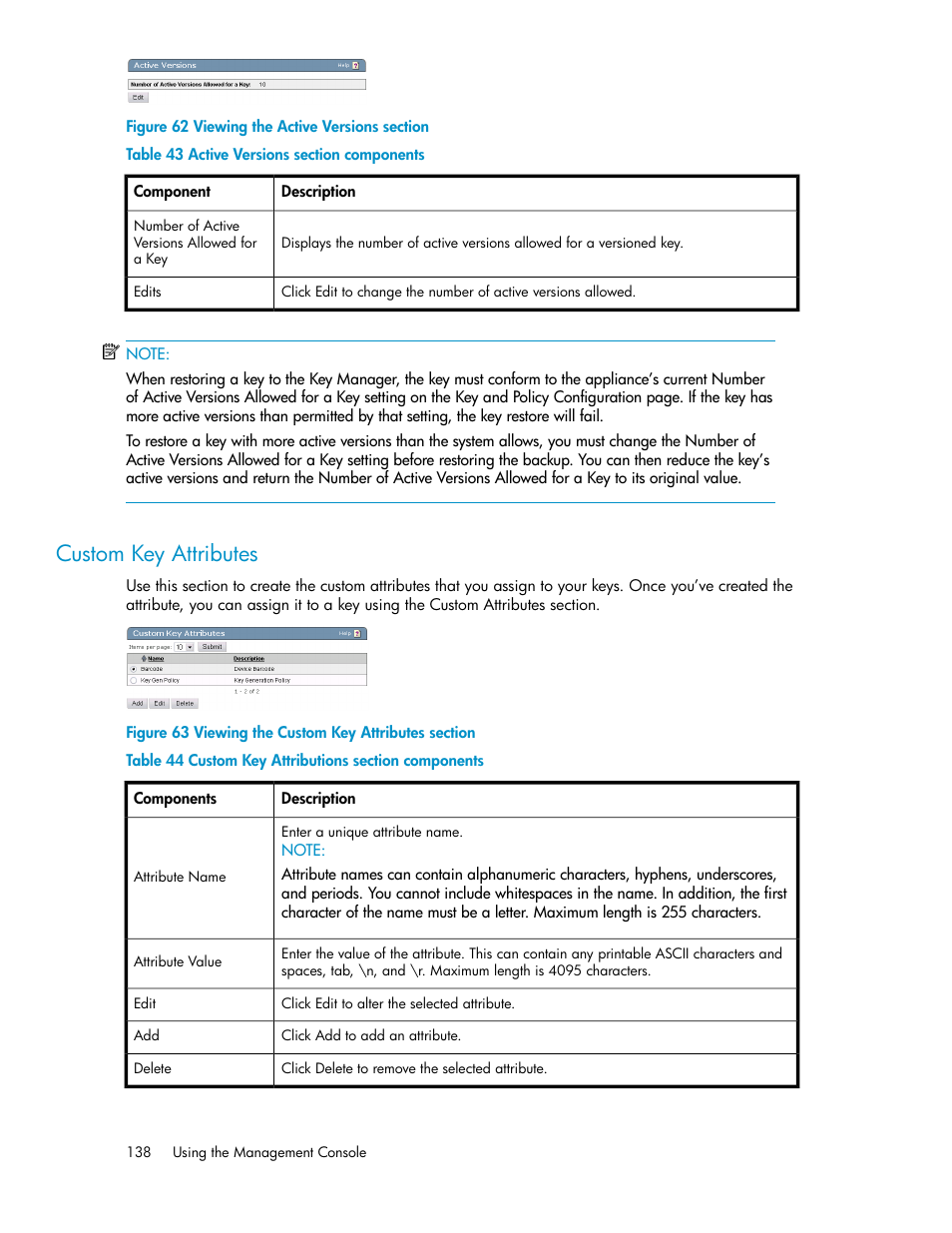 Custom key attributes, Viewing the active versions section, Viewing the custom key attributes section | Active versions section components, Custom key attributions section components | HP Secure Key Manager User Manual | Page 138 / 352