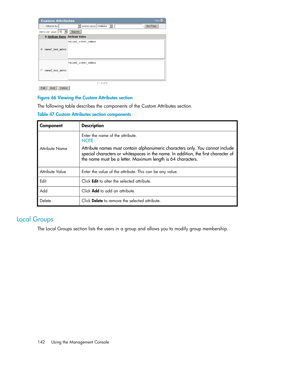 Local groups, Viewing the custom attributes section, Custom attributes section components | HP Secure Key Manager User Manual | Page 142 / 352