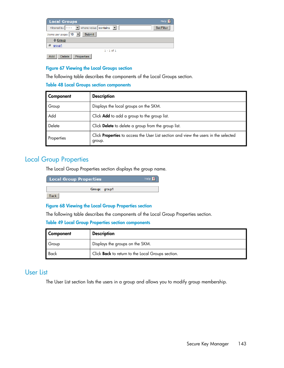 Local group properties, User list, 143 user list | Viewing the local groups section, Viewing the local group properties section, Local groups section components, Local group properties section components | HP Secure Key Manager User Manual | Page 143 / 352