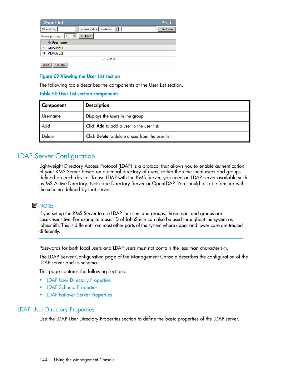 Ldap server configuration, Ldap user directory properties, Viewing the user list section | User list section components | HP Secure Key Manager User Manual | Page 144 / 352