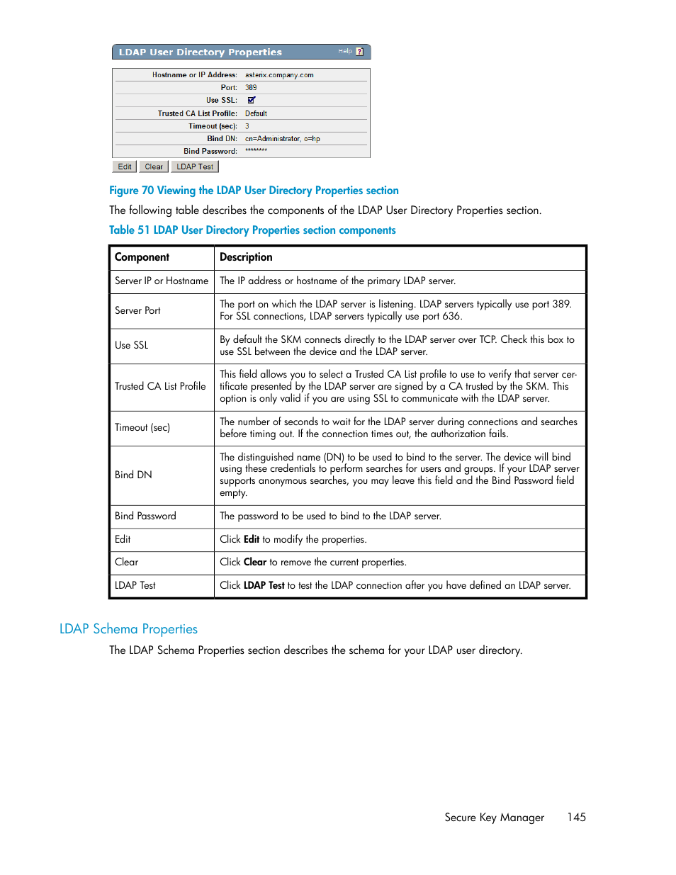 Ldap schema properties, Viewing the ldap user directory properties section, Ldap user directory properties section components | HP Secure Key Manager User Manual | Page 145 / 352