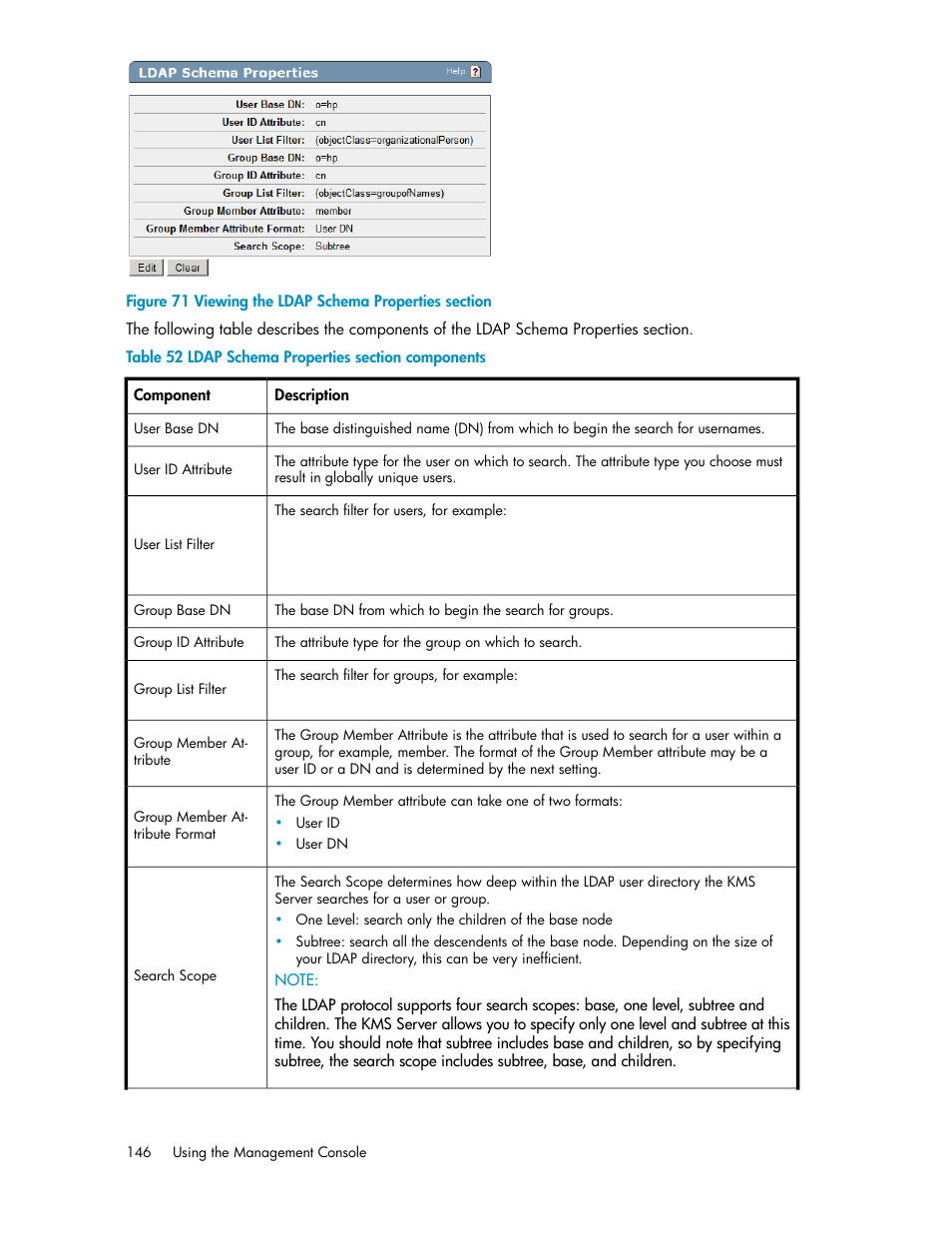 Viewing the ldap schema properties section, Ldap schema properties section components | HP Secure Key Manager User Manual | Page 146 / 352