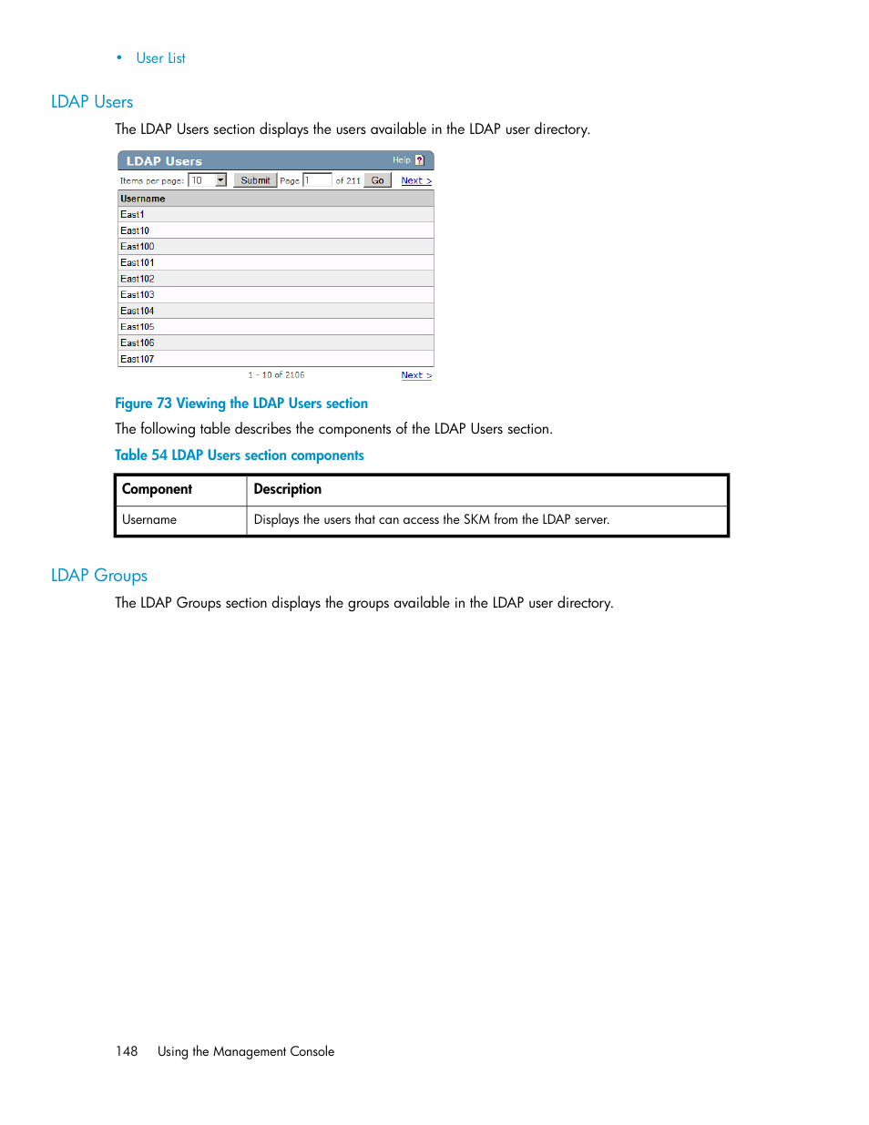 Ldap users, Ldap groups, 148 ldap groups | Viewing the ldap users section, Ldap users section components | HP Secure Key Manager User Manual | Page 148 / 352