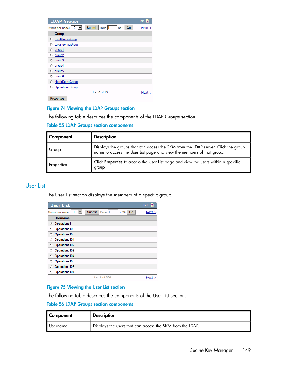 User list, Viewing the ldap groups section, Viewing the user list section | Ldap groups section components | HP Secure Key Manager User Manual | Page 149 / 352