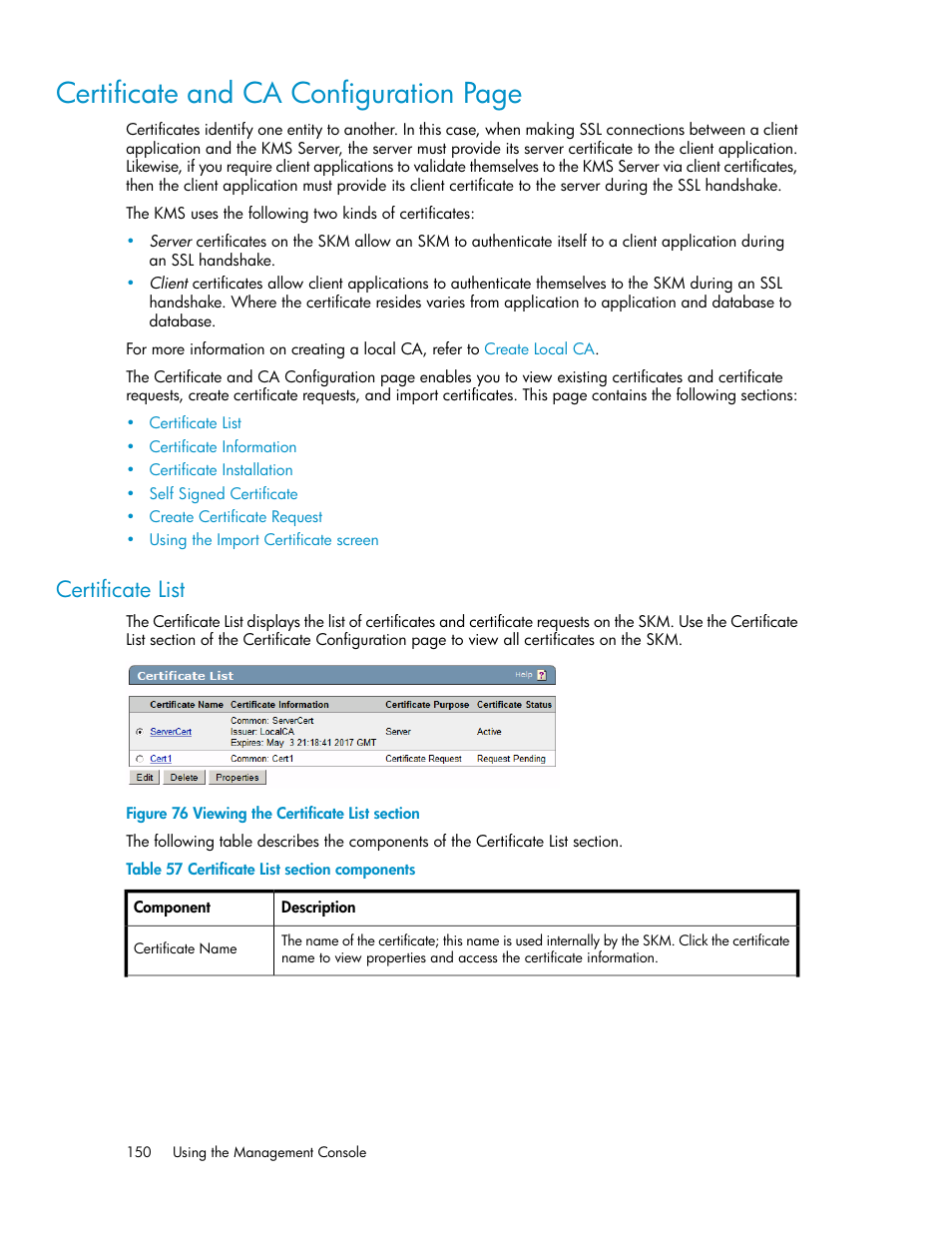 Certificate list, Viewing the certificate list section, Certificate list section components | Certificate and ca configuration page | HP Secure Key Manager User Manual | Page 150 / 352