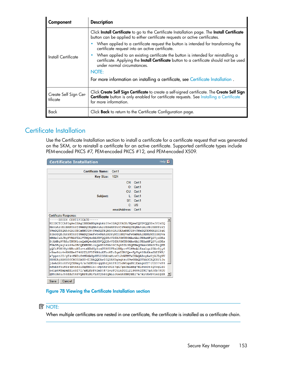 Certificate installation, Viewing the certificate installation section | HP Secure Key Manager User Manual | Page 153 / 352