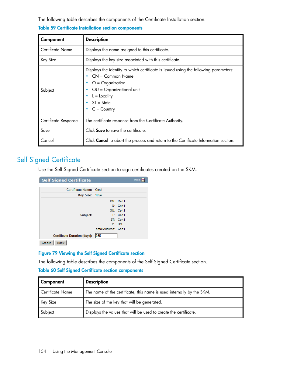 Self signed certificate, Viewing the self signed certificate section, Certificate installation section components | Self signed certificate section components | HP Secure Key Manager User Manual | Page 154 / 352