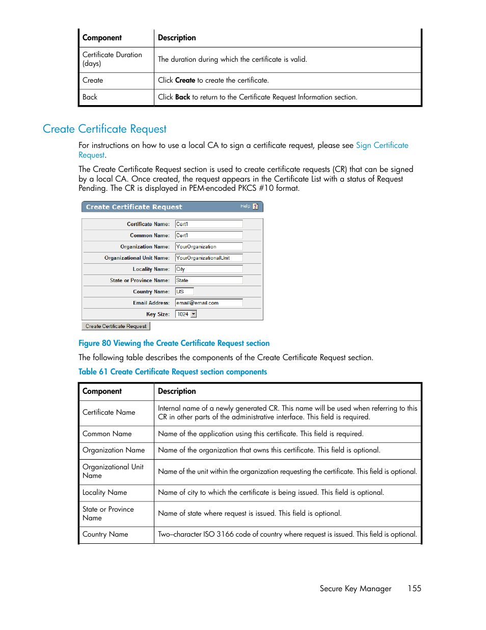 Create certificate request, Viewing the create certificate request section, Create certificate request section components | HP Secure Key Manager User Manual | Page 155 / 352