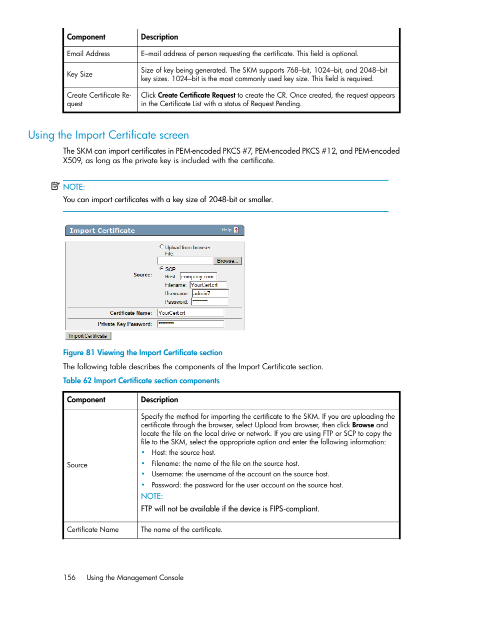 Using the import certificate screen, Viewing the import certificate section, Import certificate section components | HP Secure Key Manager User Manual | Page 156 / 352