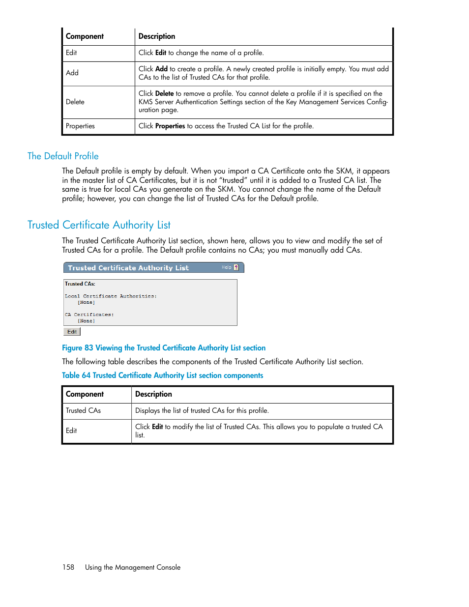 The default profile, Trusted certificate authority list | HP Secure Key Manager User Manual | Page 158 / 352