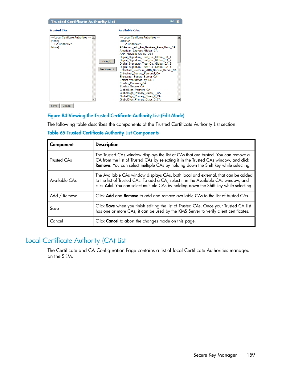 Local certificate authority (ca) list, Trusted certificate authority list components, Local certificate authority list | HP Secure Key Manager User Manual | Page 159 / 352