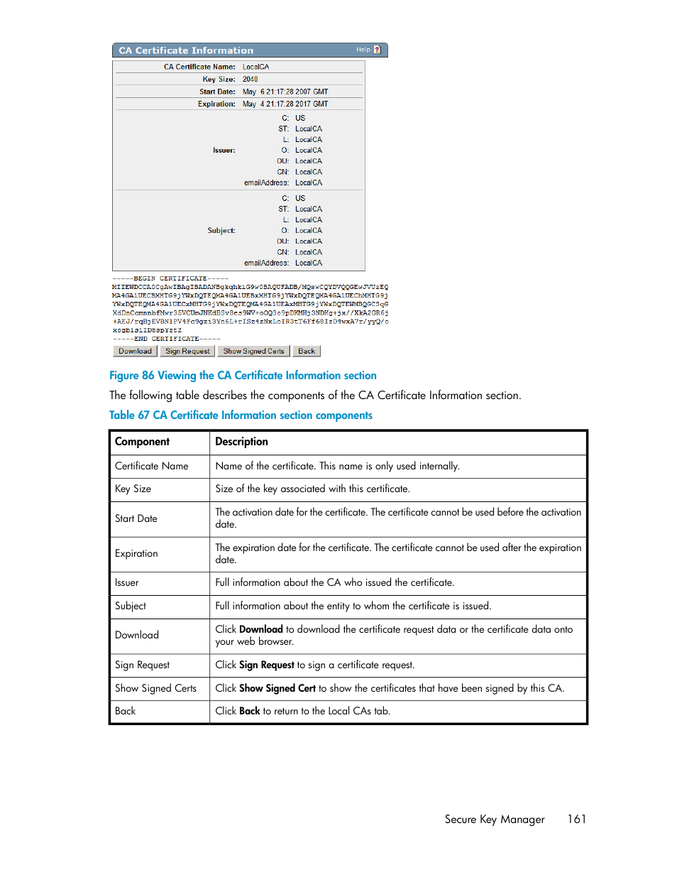 Viewing the ca certificate information section, Ca certificate information section components | HP Secure Key Manager User Manual | Page 161 / 352