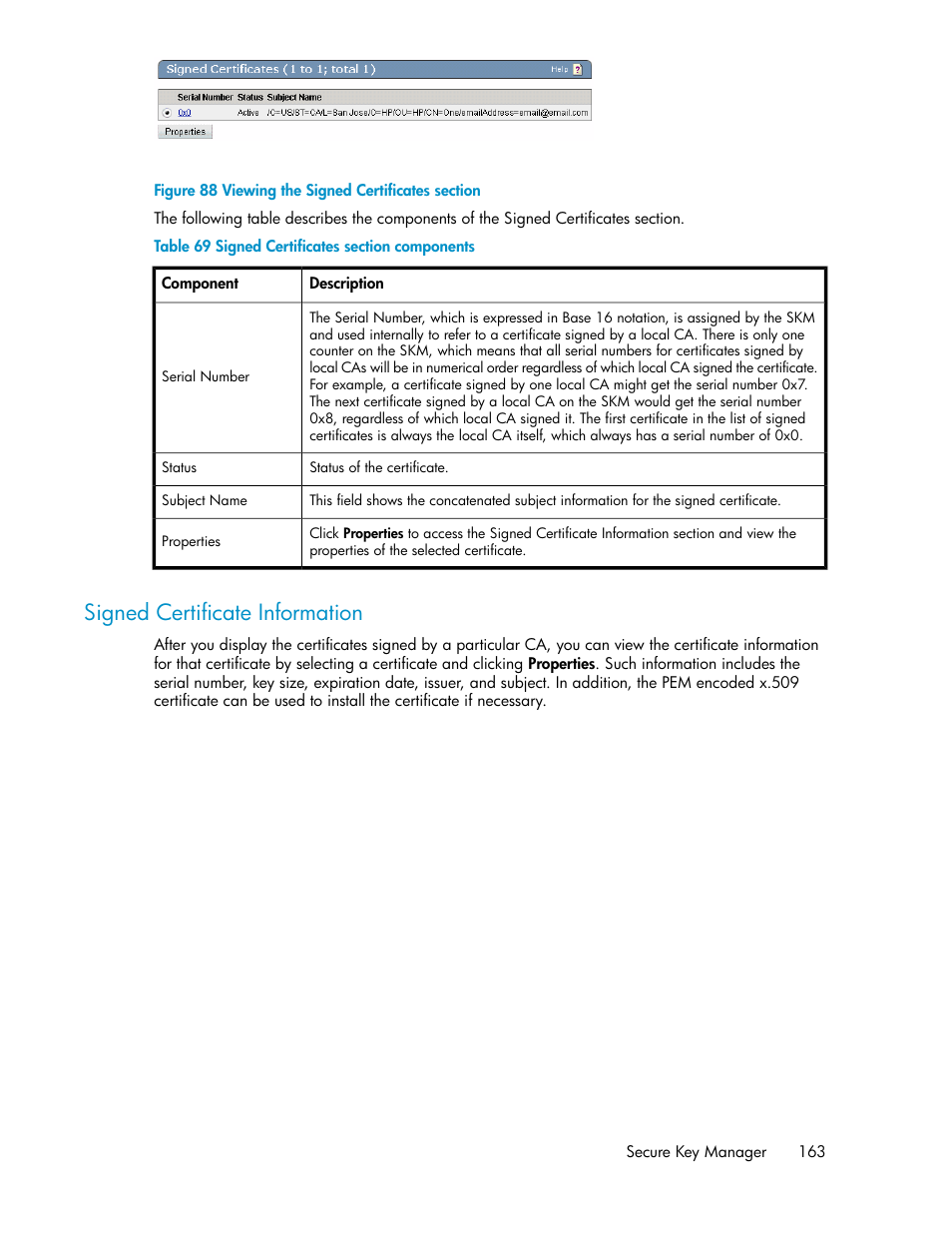 Signed certificate information, Viewing the signed certificates section, Signed certificates section components | HP Secure Key Manager User Manual | Page 163 / 352