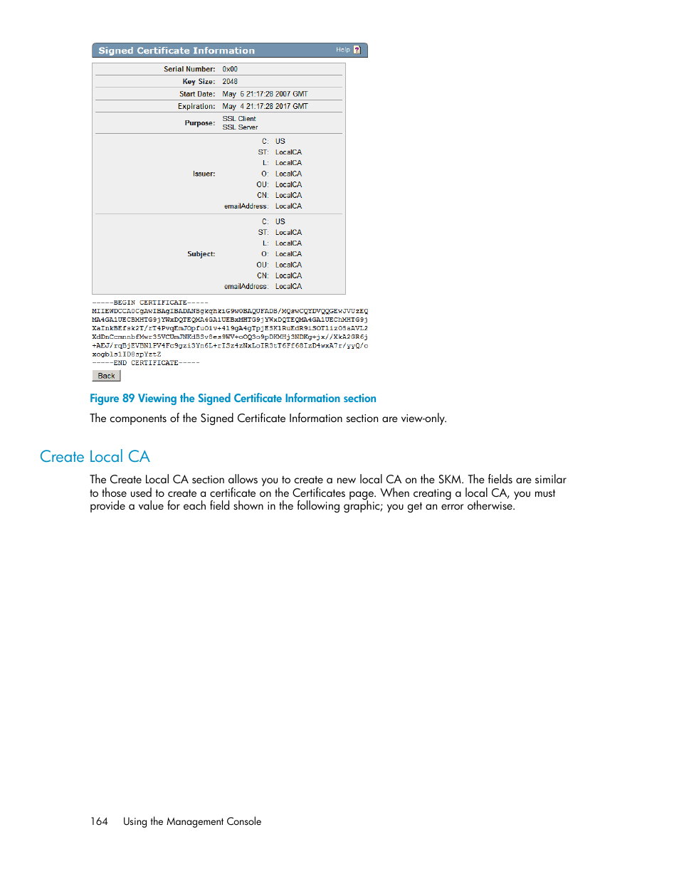 Create local ca, Viewing the signed certificate information section | HP Secure Key Manager User Manual | Page 164 / 352