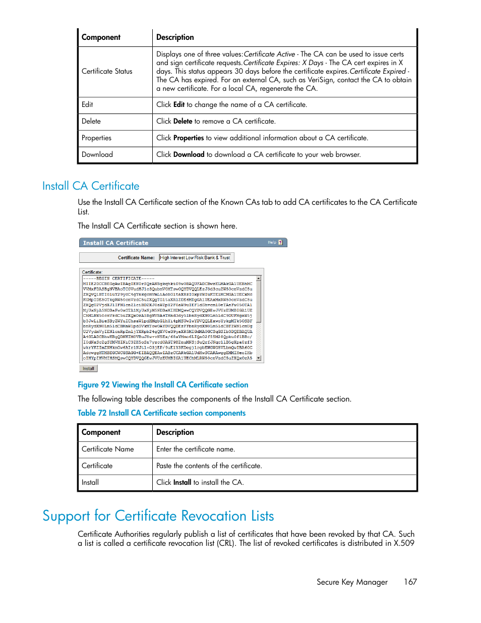 Install ca certificate, Support for certificate revocation lists, Viewing the install ca certificate section | Install ca certificate section components | HP Secure Key Manager User Manual | Page 167 / 352