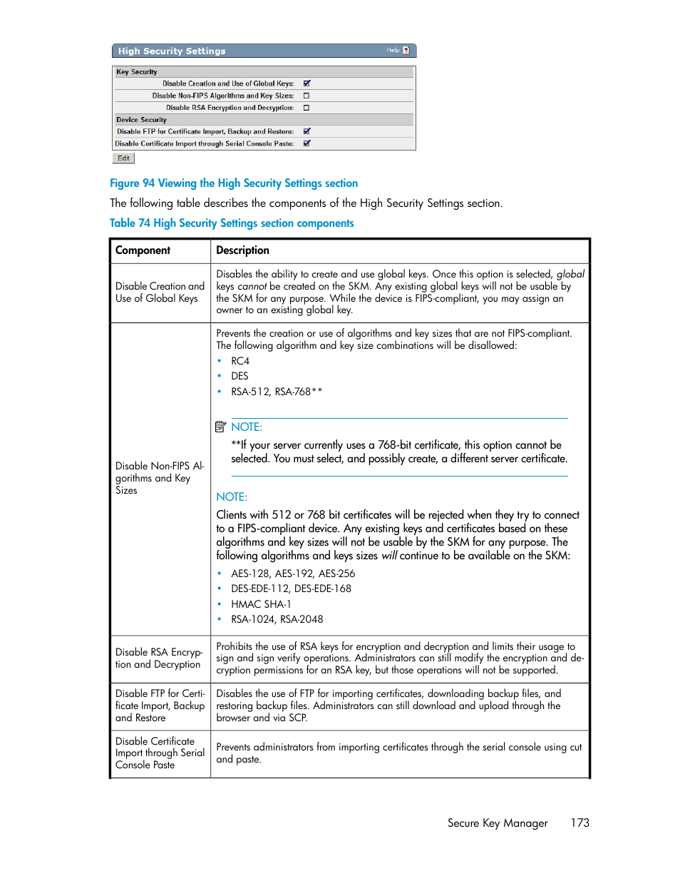 Viewing the high security settings section, High security settings section components | HP Secure Key Manager User Manual | Page 173 / 352