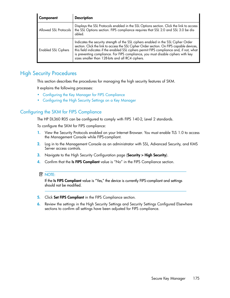 High security procedures, Configuring the skm for fips compliance | HP Secure Key Manager User Manual | Page 175 / 352