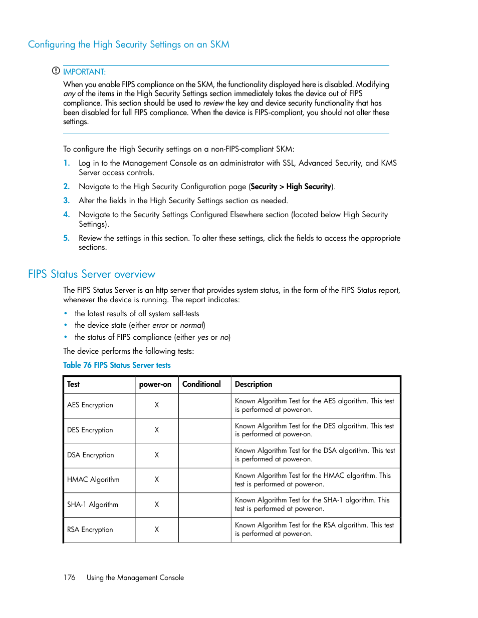 Configuring the high security settings on an skm, Fips status server overview, Fips status server tests | HP Secure Key Manager User Manual | Page 176 / 352