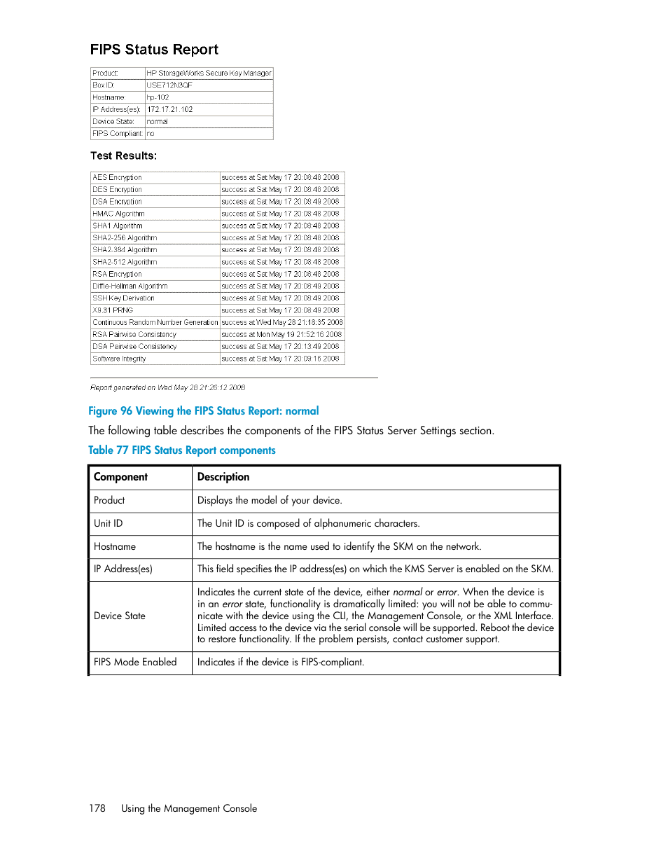 Viewing the fips status report: normal, Fips status report components | HP Secure Key Manager User Manual | Page 178 / 352