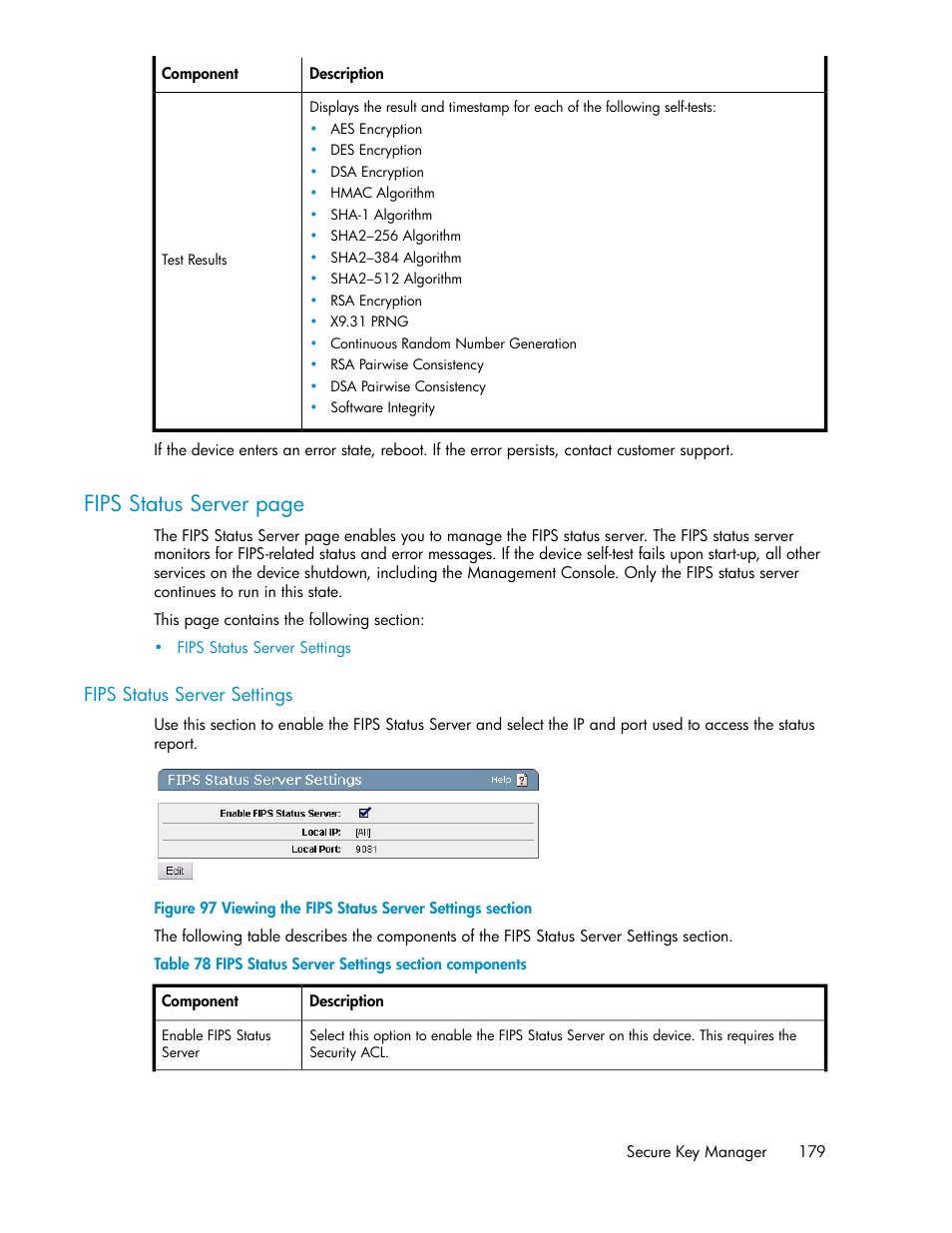 Fips status server settings, Viewing the fips status server settings section, Fips status server settings section components | Fips status server page | HP Secure Key Manager User Manual | Page 179 / 352