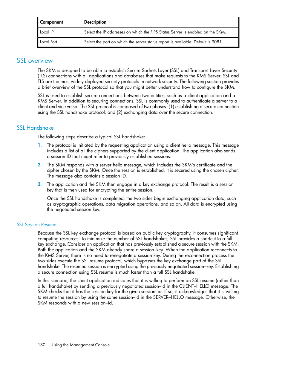 Ssl overview, Ssl handshake, Ssl session resume | HP Secure Key Manager User Manual | Page 180 / 352