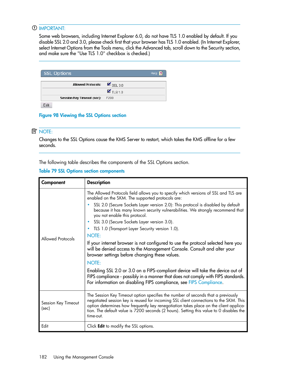 Viewing the ssl options section, Ssl options section components | HP Secure Key Manager User Manual | Page 182 / 352