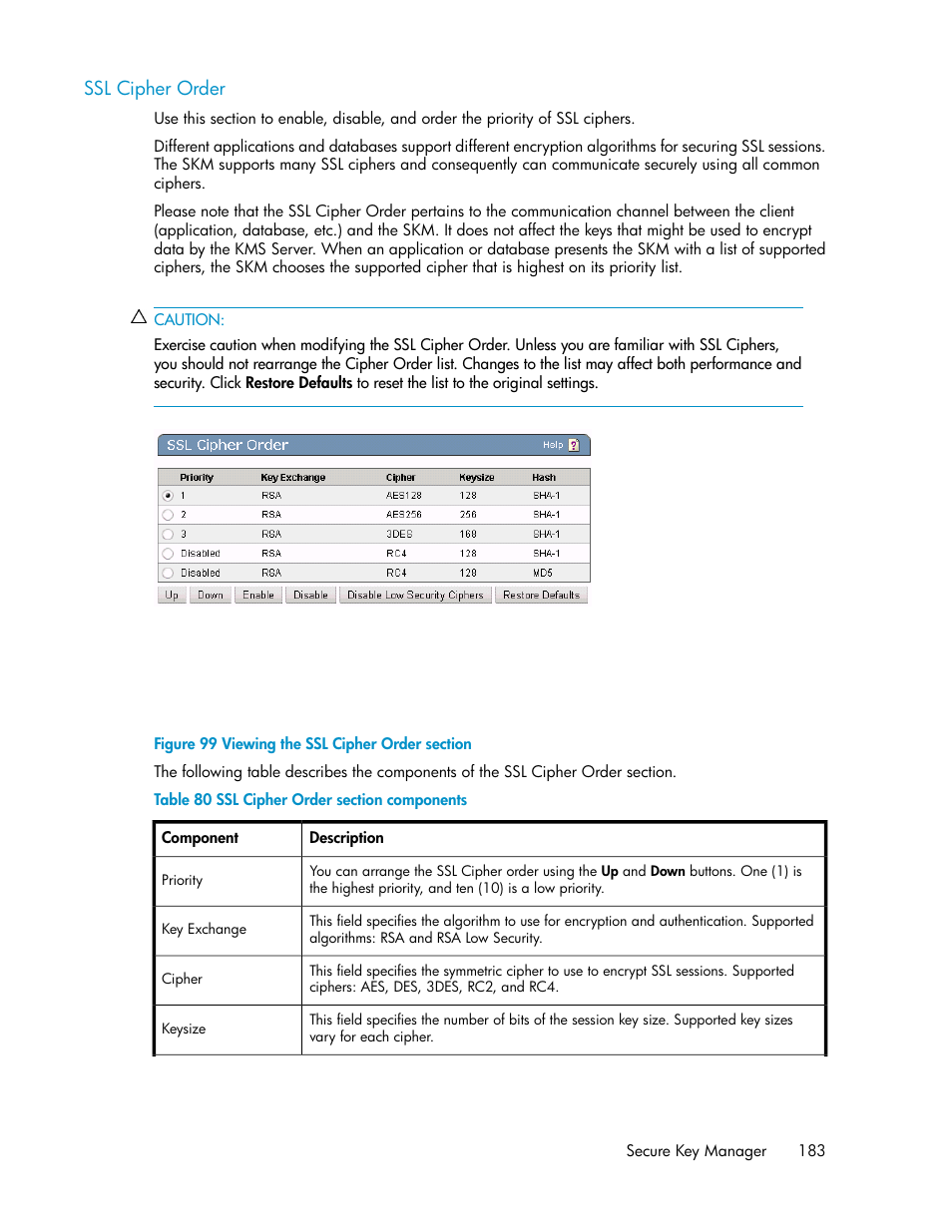 Ssl cipher order, Viewing the ssl cipher order section, Ssl cipher order section components | HP Secure Key Manager User Manual | Page 183 / 352