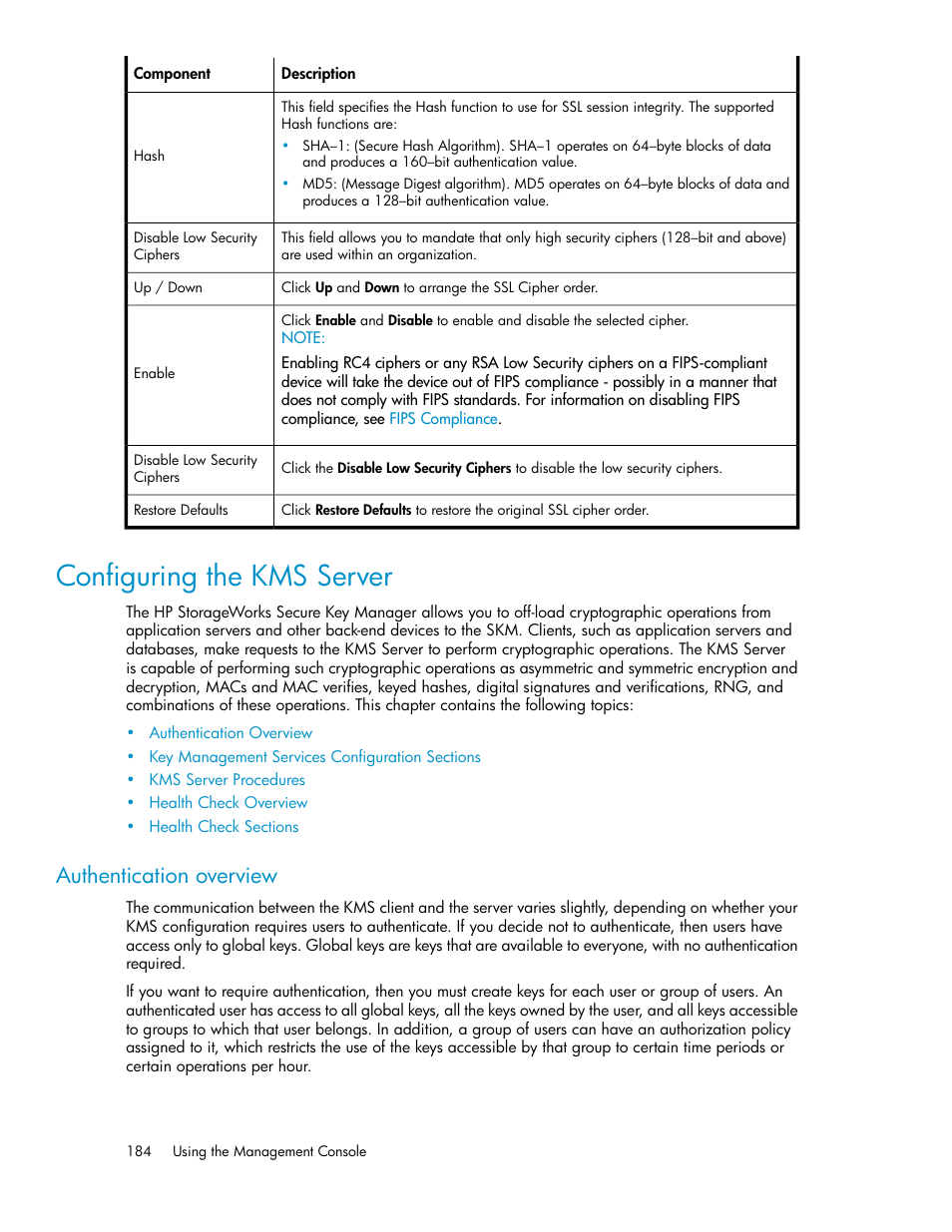 Configuring the kms server, Authentication overview | HP Secure Key Manager User Manual | Page 184 / 352