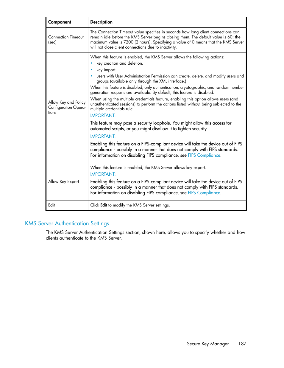 Kms server authentication settings | HP Secure Key Manager User Manual | Page 187 / 352