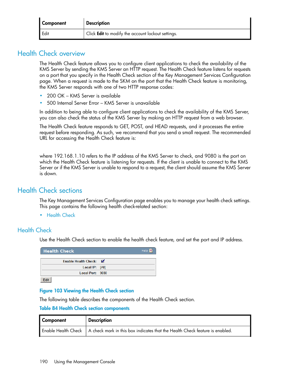 Health check overview, Health check sections, Health check | 190 health check sections, Viewing the health check section, Health check section components | HP Secure Key Manager User Manual | Page 190 / 352