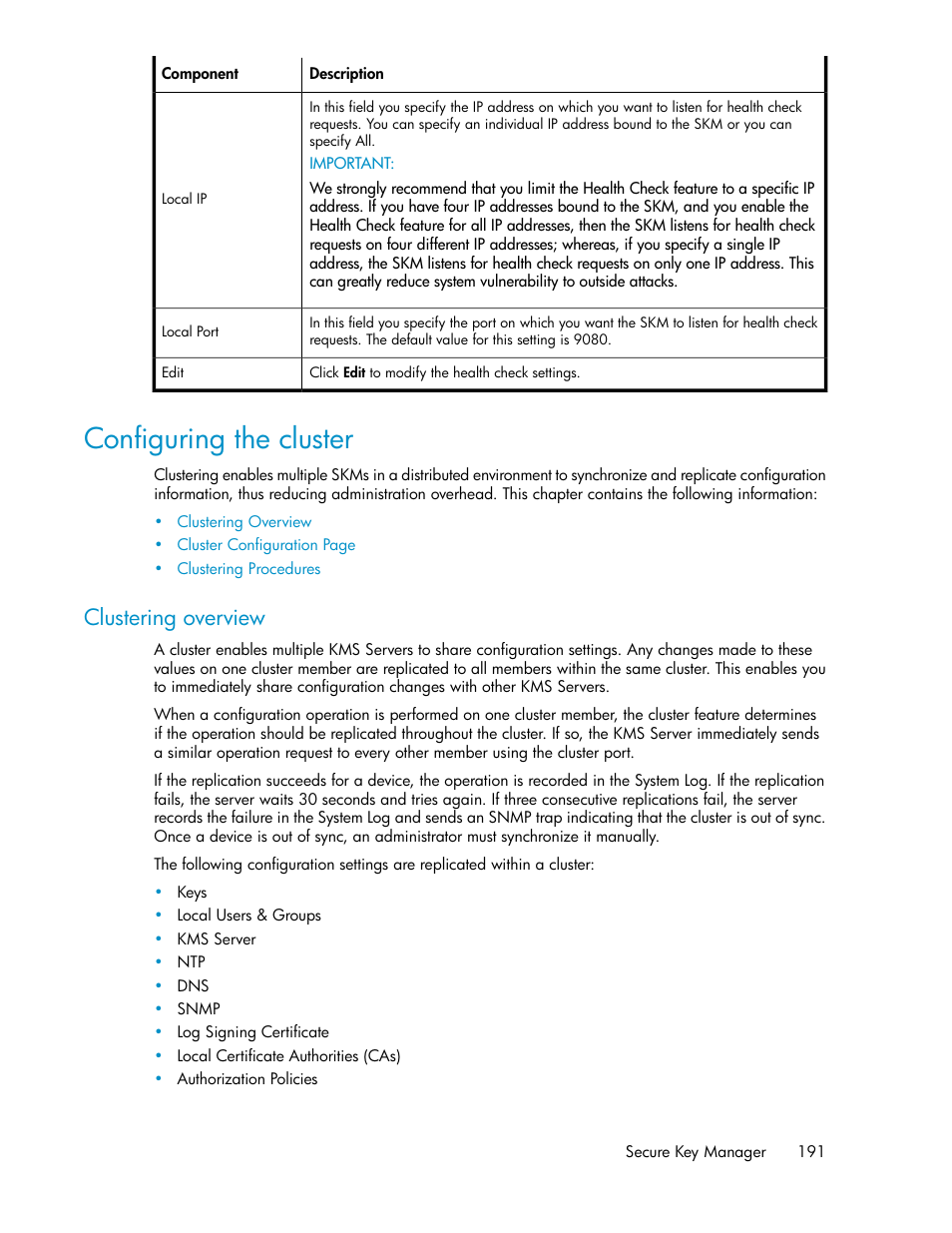 Configuring the cluster, Clustering overview | HP Secure Key Manager User Manual | Page 191 / 352