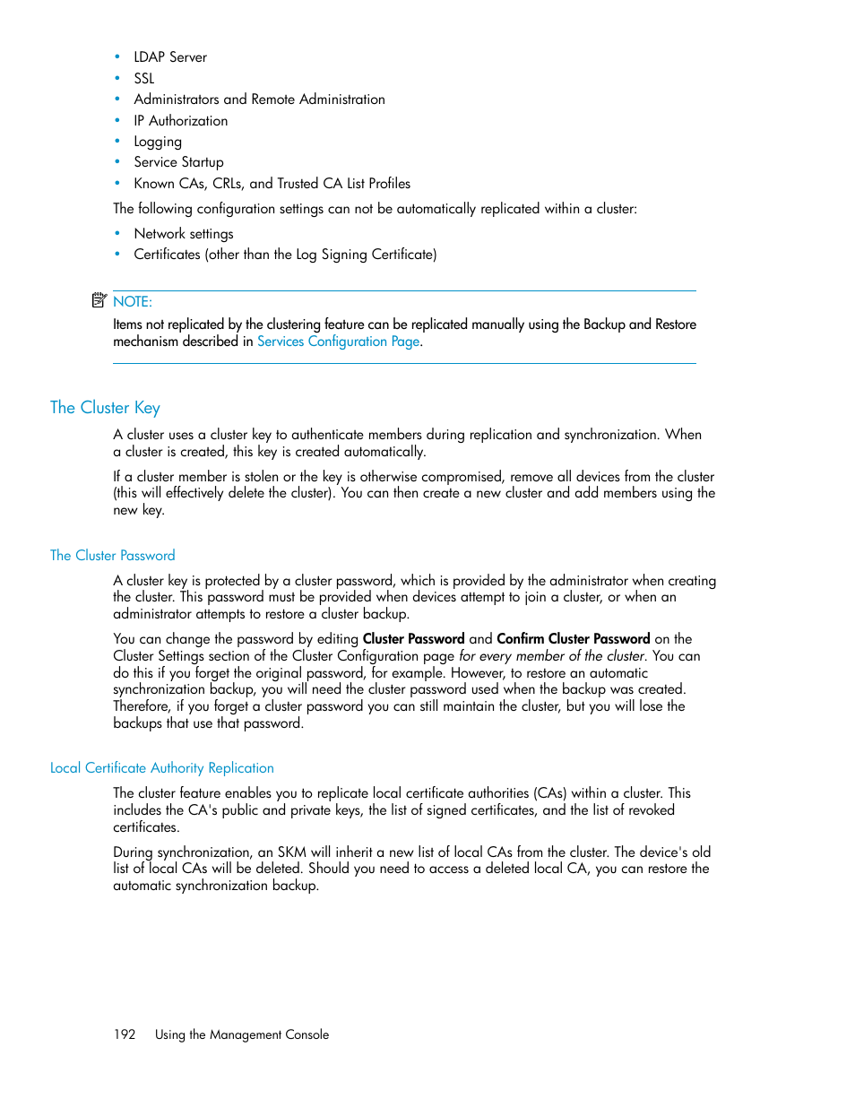 The cluster key, The cluster password, Local certificate authority replication | HP Secure Key Manager User Manual | Page 192 / 352