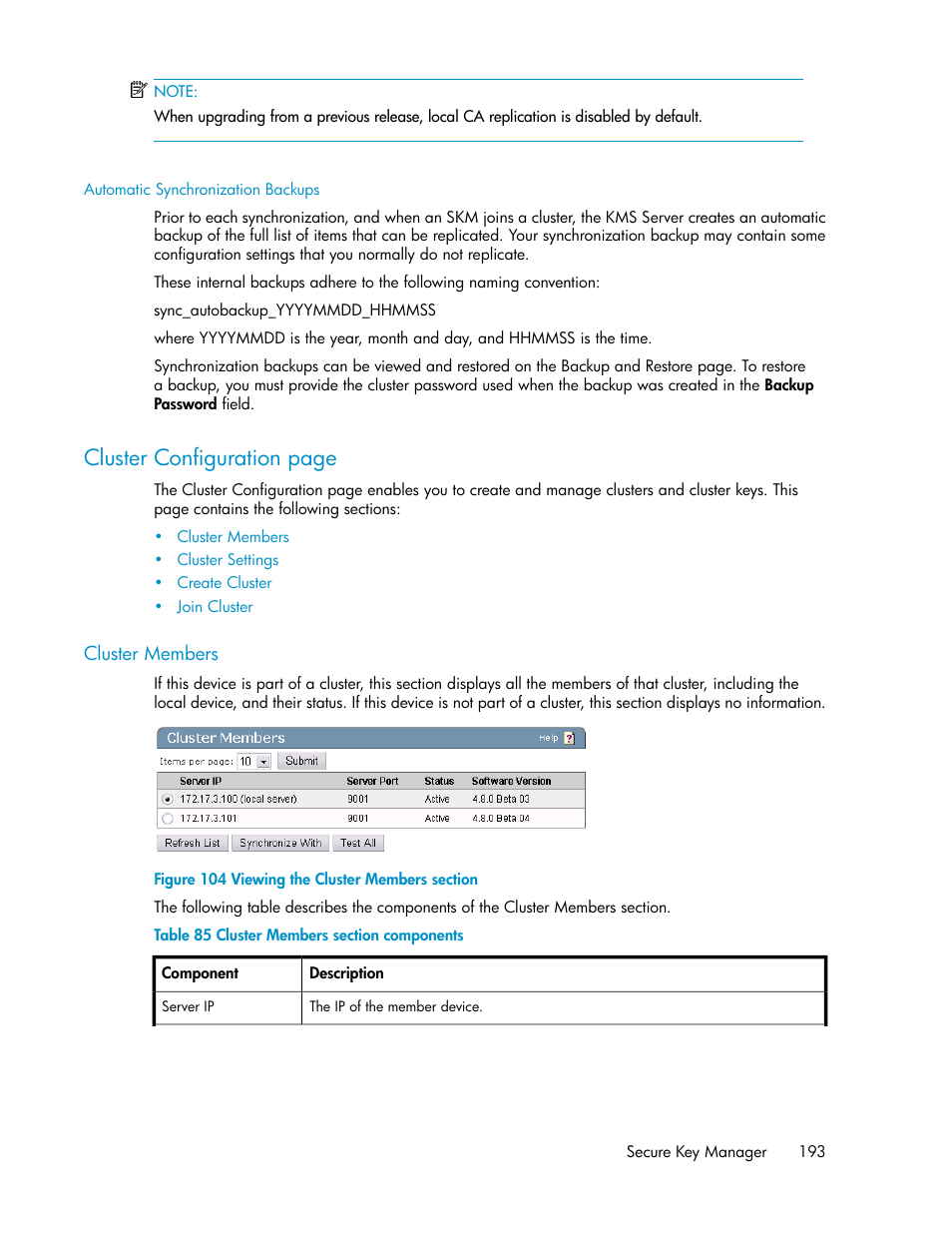 Automatic synchronization backups, Cluster members, Viewing the cluster members section | Cluster members section components, Cluster configuration page | HP Secure Key Manager User Manual | Page 193 / 352