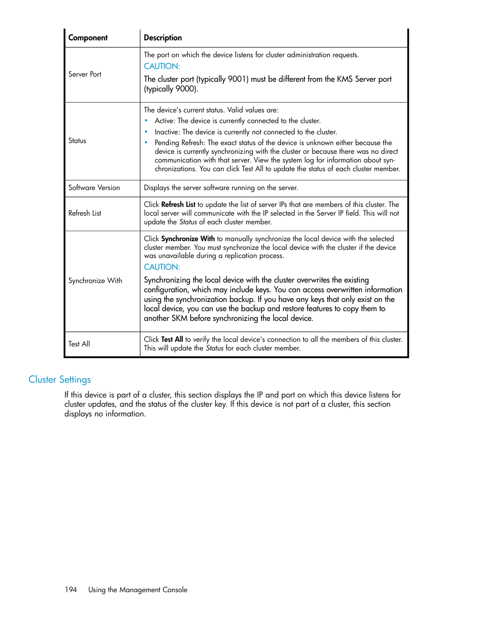 Cluster settings | HP Secure Key Manager User Manual | Page 194 / 352