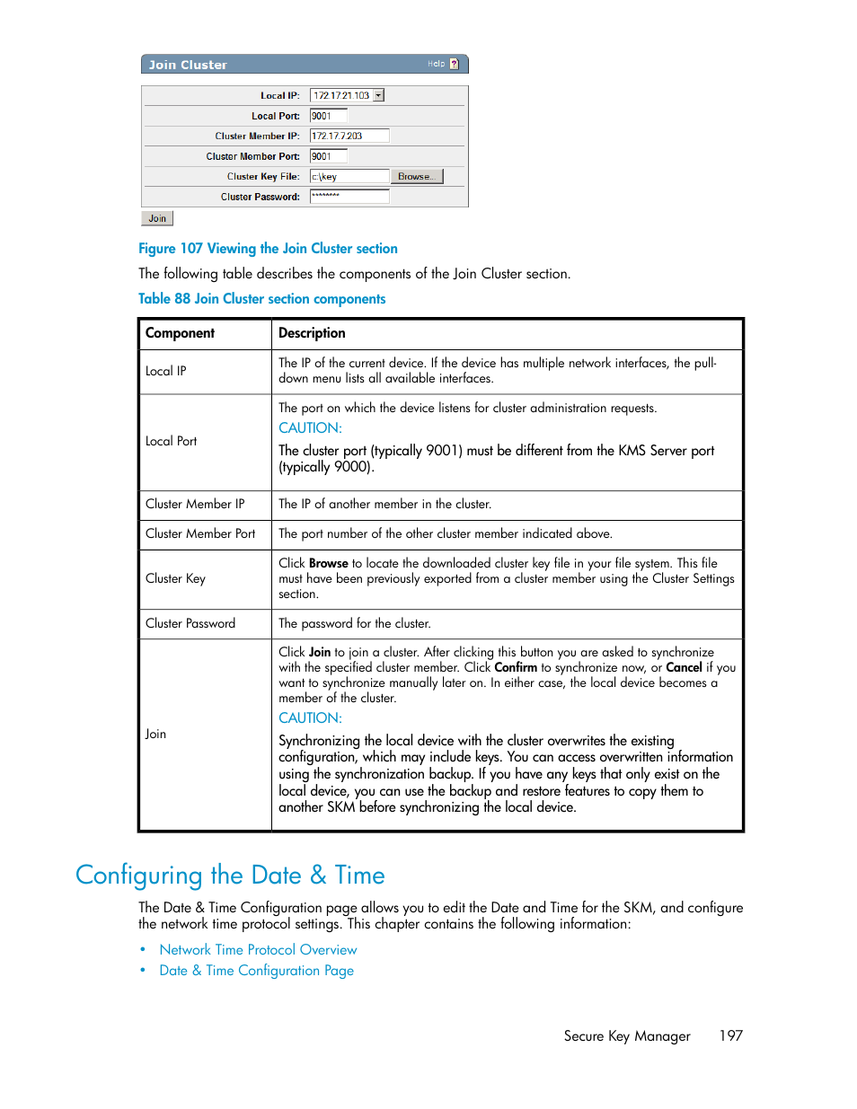 Configuring the date & time, Viewing the join cluster section, Join cluster section components | HP Secure Key Manager User Manual | Page 197 / 352