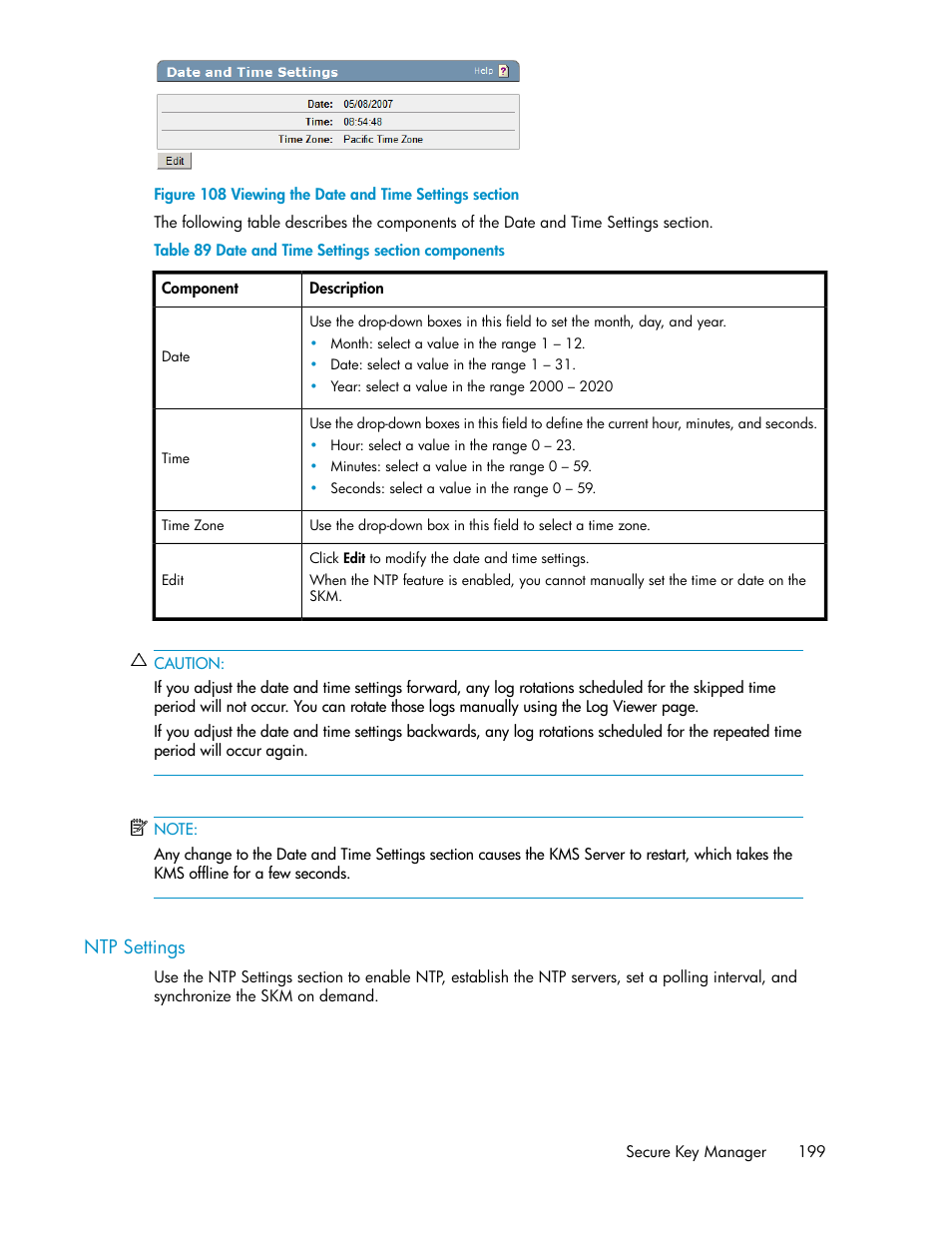 Ntp settings, Viewing the date and time settings section, Date and time settings section components | HP Secure Key Manager User Manual | Page 199 / 352