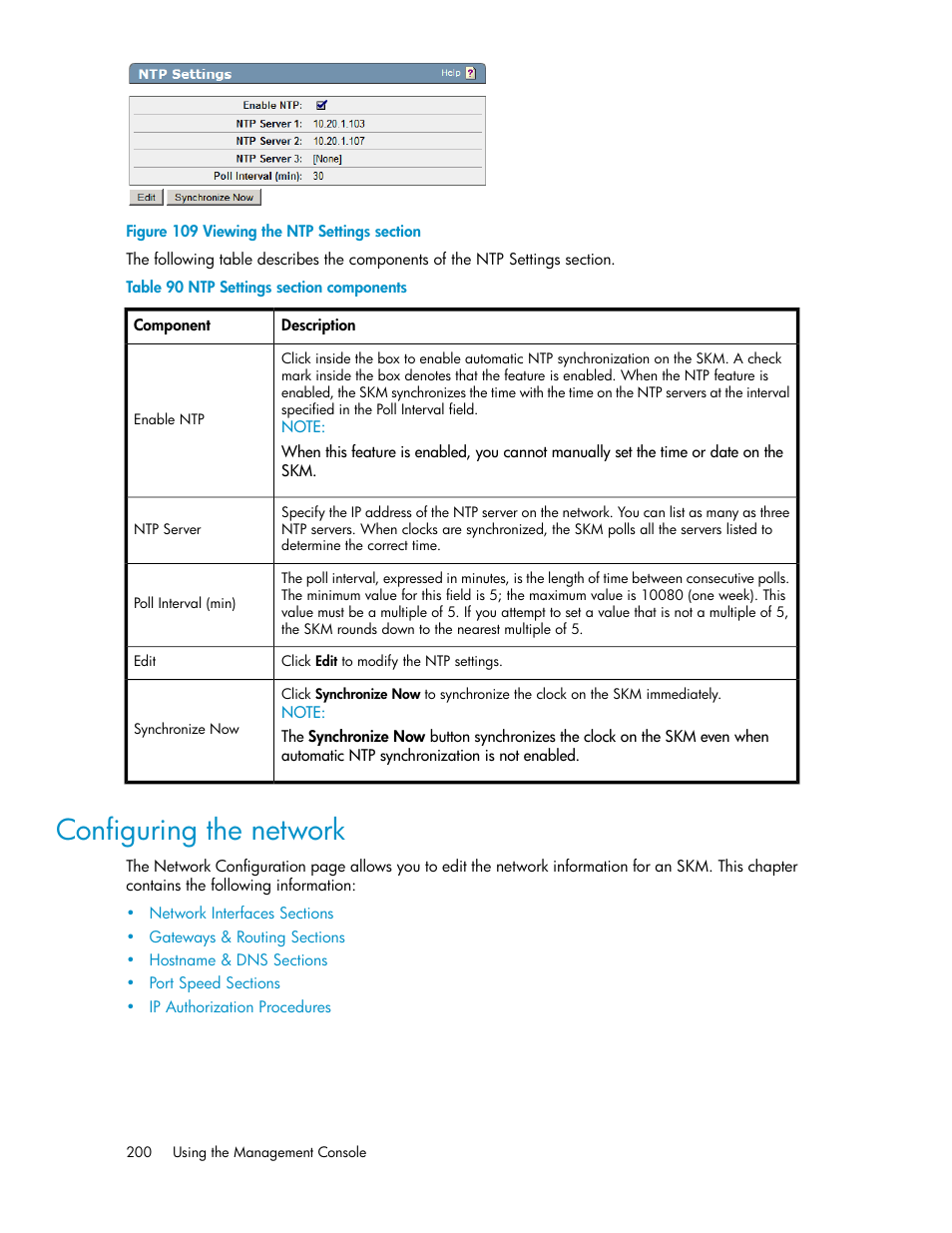 Configuring the network, Viewing the ntp settings section, Ntp settings section components | HP Secure Key Manager User Manual | Page 200 / 352