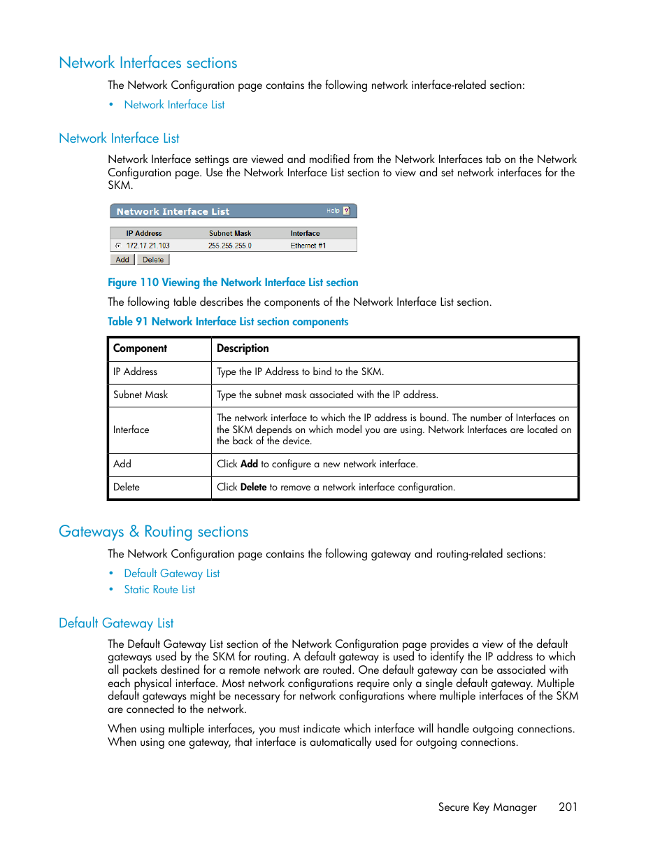 Network interfaces sections, Network interface list, Gateways & routing sections | Default gateway list, Viewing the network interface list section, Network interface list section components | HP Secure Key Manager User Manual | Page 201 / 352