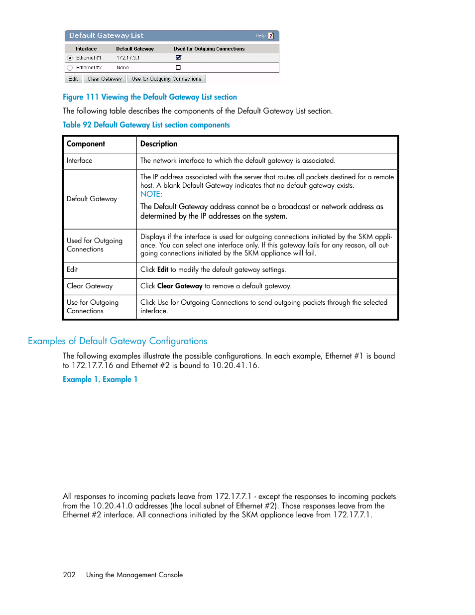 Examples of default gateway configurations, Viewing the default gateway list section, Default gateway list section components | HP Secure Key Manager User Manual | Page 202 / 352