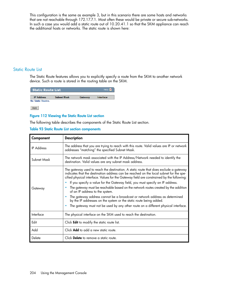 Static route list, Viewing the static route list section, Static route list section components | HP Secure Key Manager User Manual | Page 204 / 352