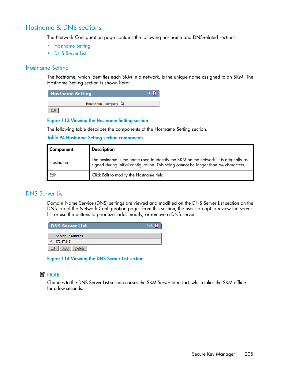 Hostname & dns sections, Hostname setting, Dns server list | 205 dns server list, Viewing the hostname setting section, Viewing the dns server list section, Hostname setting section components | HP Secure Key Manager User Manual | Page 205 / 352