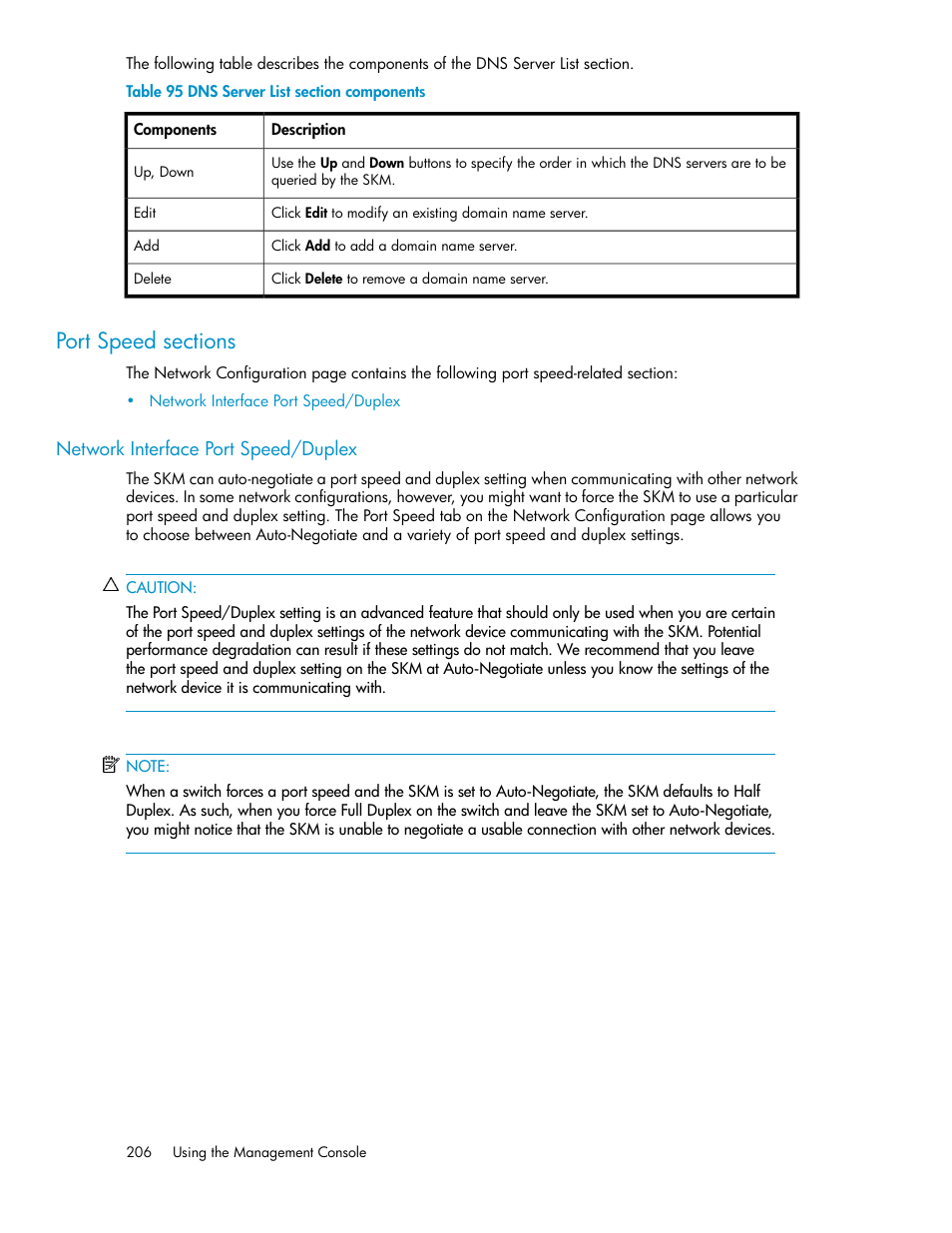 Port speed sections, Network interface port speed/duplex, Dns server list section components | HP Secure Key Manager User Manual | Page 206 / 352