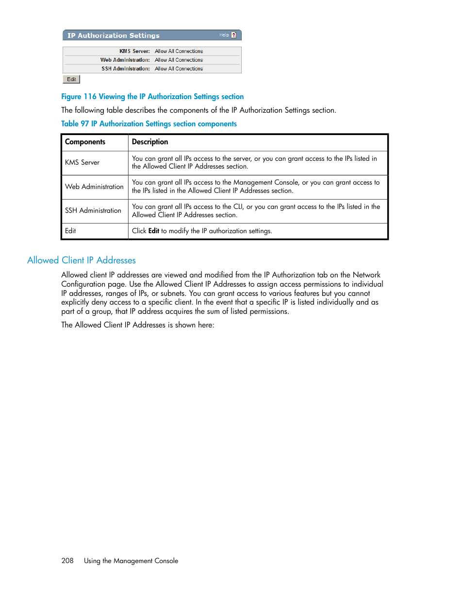 Allowed client ip addresses, Viewing the ip authorization settings section, Ip authorization settings section components | HP Secure Key Manager User Manual | Page 208 / 352