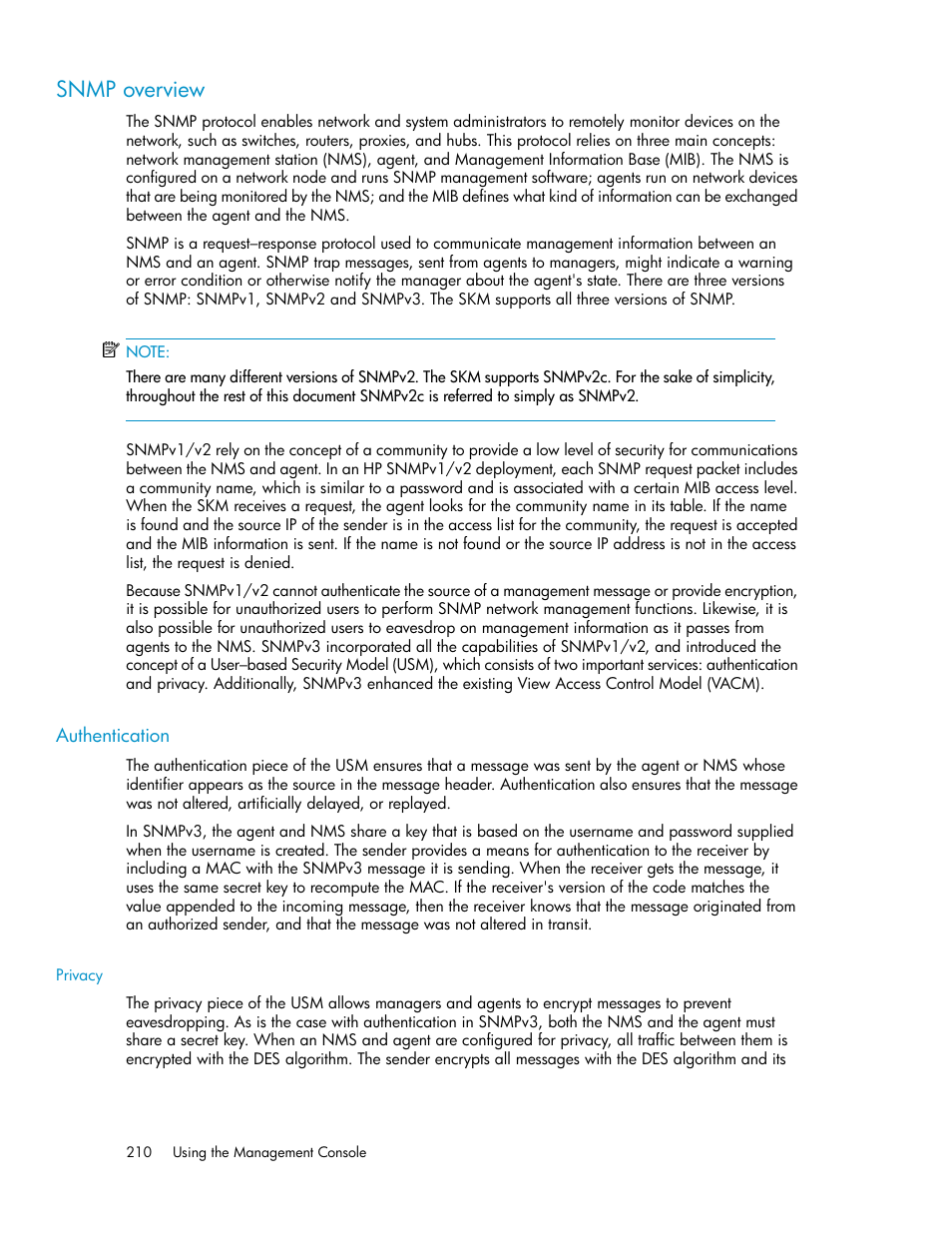 Snmp overview, Authentication, Privacy | HP Secure Key Manager User Manual | Page 210 / 352