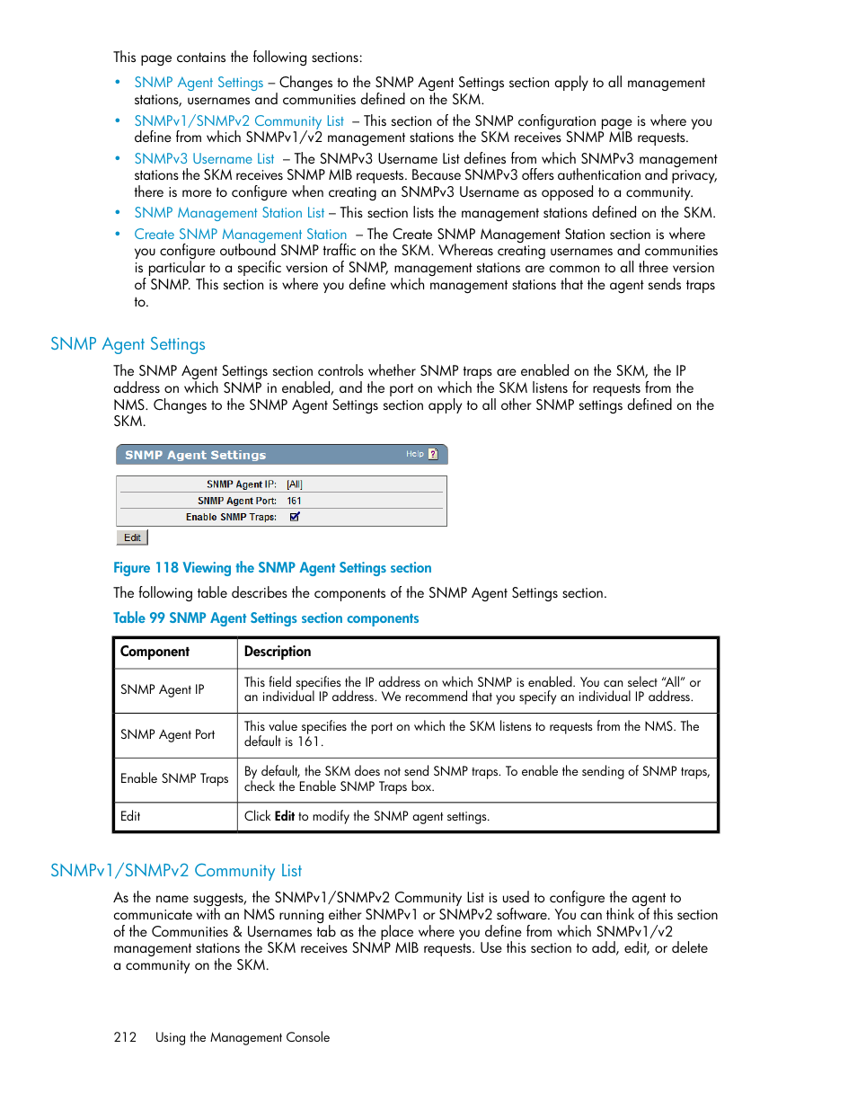 Snmp agent settings, Snmpv1/snmpv2 community list, 212 snmpv1/snmpv2 community list | Viewing the snmp agent settings section, Snmp agent settings section components | HP Secure Key Manager User Manual | Page 212 / 352