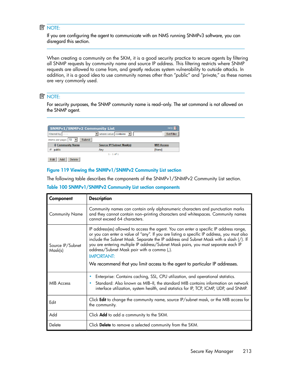 Viewing the snmpv1/snmpv2 community list section, Snmpv1/snmpv2 community list section components | HP Secure Key Manager User Manual | Page 213 / 352