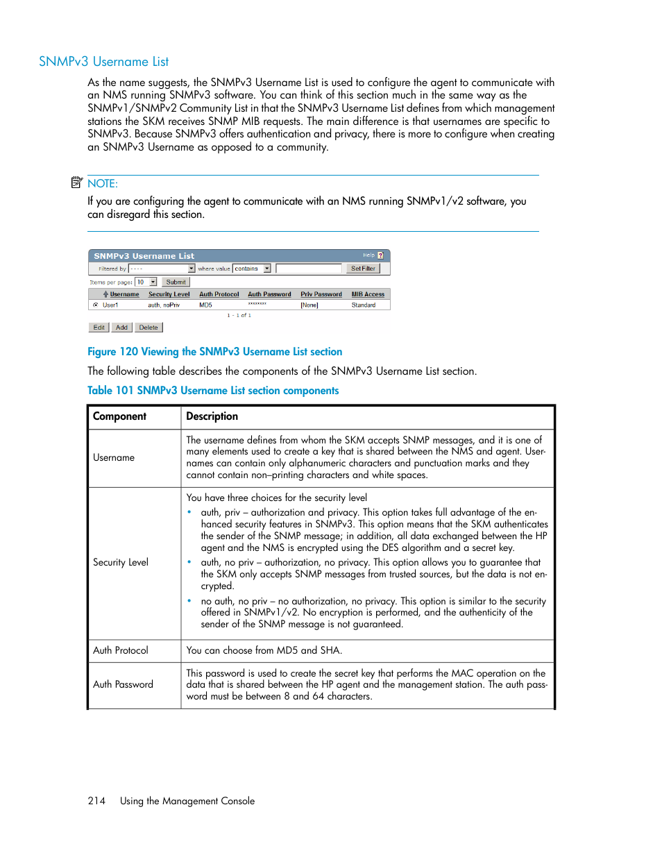 Snmpv3 username list, Viewing the snmpv3 username list section, Snmpv3 username list section components | HP Secure Key Manager User Manual | Page 214 / 352