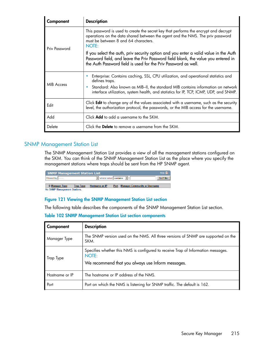 Snmp management station list, Viewing the snmp management station list section, Snmp management station list section components | HP Secure Key Manager User Manual | Page 215 / 352