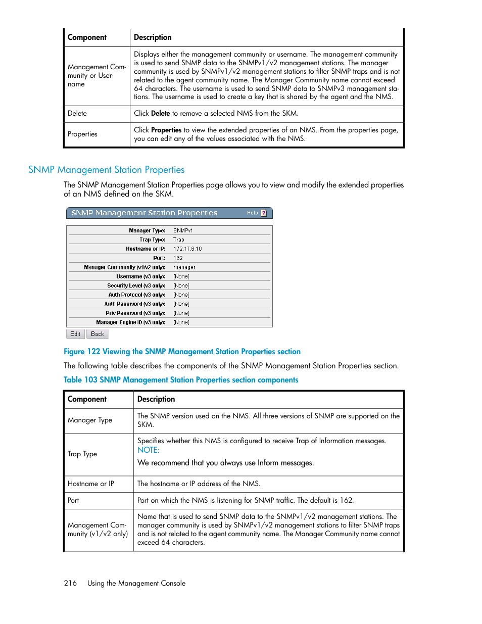 Snmp management station properties | HP Secure Key Manager User Manual | Page 216 / 352